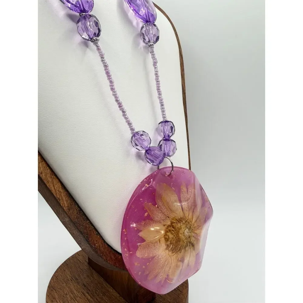 Handmade Pressed Flower Resin Statement Necklace | Purple Beaded Pendant